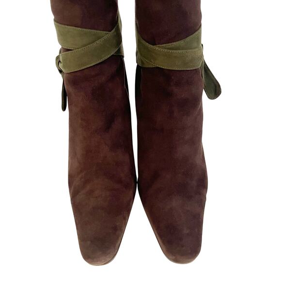 Vintage Prada Brown Green Suede Tie Strap Two-Tone Knee High Block Heel Boots 38 - Picture 6 of 12